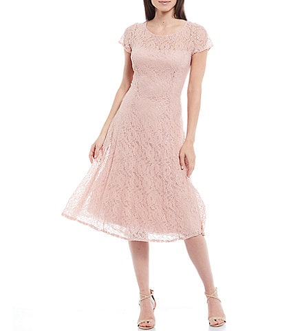 Ignite Evenings Petite Size Cap Sleeve Round Neck Sequin Lace A-Line Midi Dress