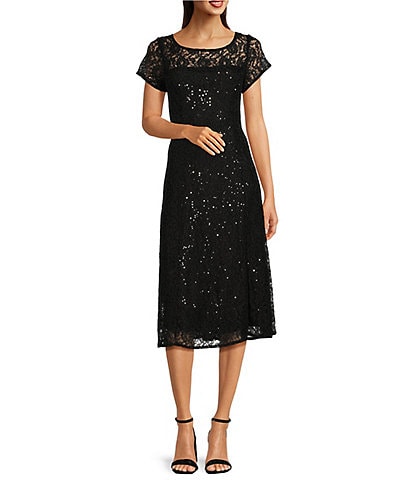Ignite Evenings Petite Size Cap Sleeve Round Neck Sequin Lace A-Line Midi Dress