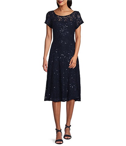 Ignite Evenings Petite Size Cap Sleeve Round Neck Sequin Lace A-Line Midi Dress