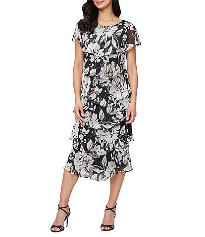 Ignite Evenings Petite Size Floral Print Tiered Midi Dress