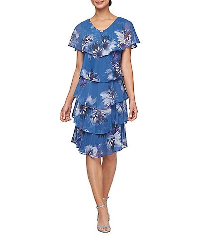 Ignite Evenings Petite Size Floral Printed Chiffon Embellished V-Neck Tiered Shift Dress