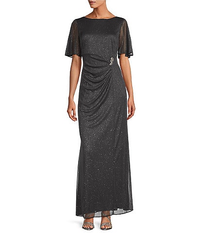 Ignite Evenings Petite Size Glitter Mesh Ruched Embellished Waist Short Flutter Sleeve Gown