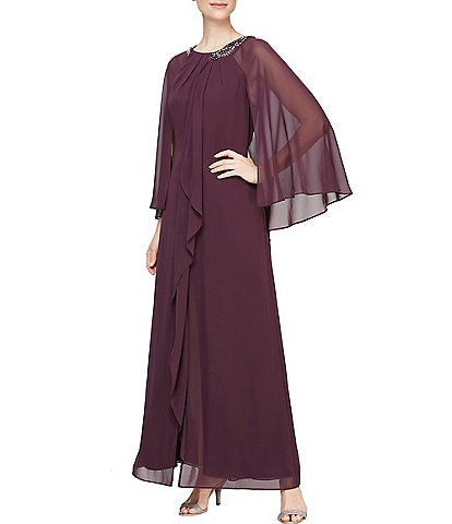 Ignite Evenings Petite Size Illusion 3/4 Cape Sleeve Embellished Crew Neck Gown