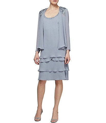 Ignite Evenings Petite Size Lace-Shoulder Chiffon 3/4 Sleeve Scoop Neck 2-Piece Jacket Dress