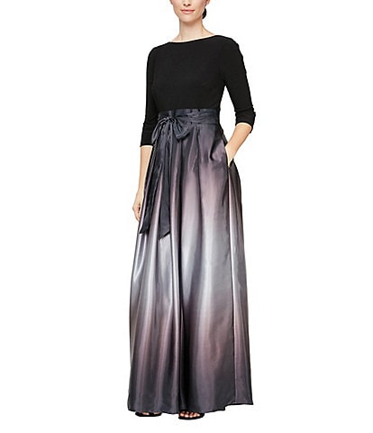 Ignite Evenings Petite Size Boat Neck 3/4 Sleeve Belted Bow Detail Ombre Satin Pleated Ball Gown