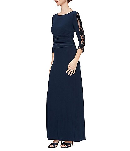 Ignite Evenings Petite Size Ruched Waist Embellished Illusion Sleeve Gown