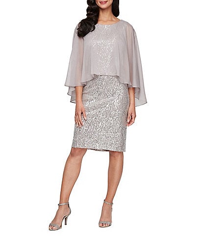 Ignite Evenings Petite Size Sequin Boat Neck 3/4 Chiffon Overlay Sleeves Sheath Dress