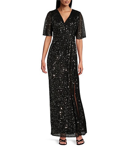 Ignite Evenings Petite Size Sequin Surplice V-Neck Flutter Sleeves A-line Dress