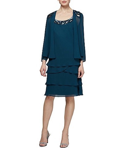 Ignite Evenings Petite Size Sequin Trim Scoop Neck Long Sleeve Tiered Jacket Dress