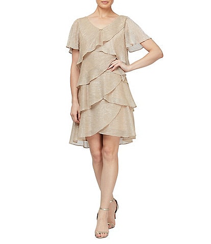 Ignite Evenings Petite Size Shimmer Tiered Ruffle V-Neck Embellishment Short Flutter Sleeve Shift Dress