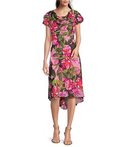 Ignite Evenings Petite Size Short Flutter Sleeve Cowl Neck V-Back Floral Dress