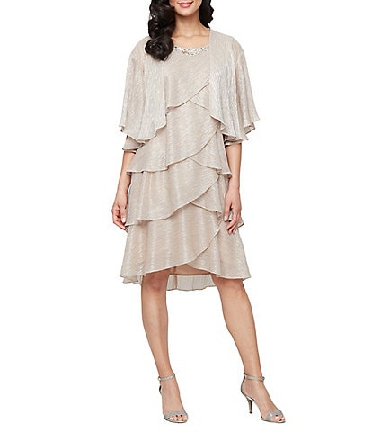 Ignite Evenings Petite Size Short Sleeve Embellished Crew Neck 2-Piece Jacket Dress