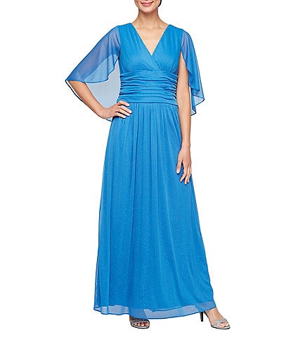 Ignite Evenings Petite Size V-Neck 3/4 Illusion Sleeve Glitter Mesh Gown