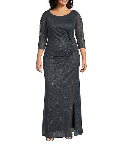 Ignite Evenings Plus Size 3/4 Sleeve Boat Neck Glitter Dress