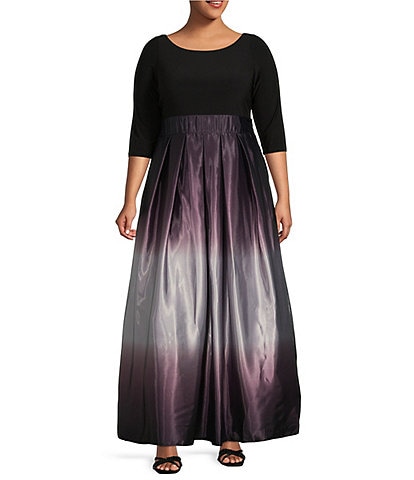 Ignite Evenings Plus Size 3/4 Sleeve Round Neck Ribbon Belted Detail Ombre Satin Ball Gown