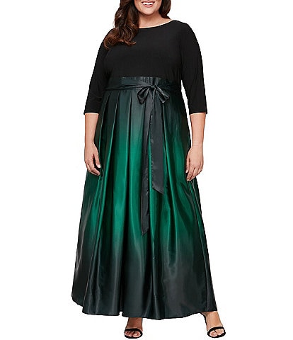 Ignite Evenings Plus Size 3/4 Sleeve Round Neck Ribbon Belted Detail Ombre Satin Ball Gown