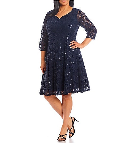 Ignite Evenings Plus Size 3/4 Sleeve V-Neck Sequin Lace A-Line Dress