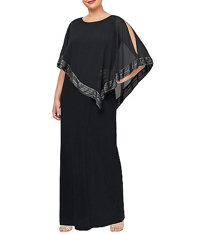 Ignite Evenings Plus Size Round Neck 3/4 Sleeve Asymmetric Popover Long Dress