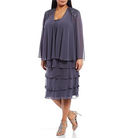 Ignite Evenings Plus Size Beaded Lace Shoulder Chiffon 2-Piece Jacket Dress