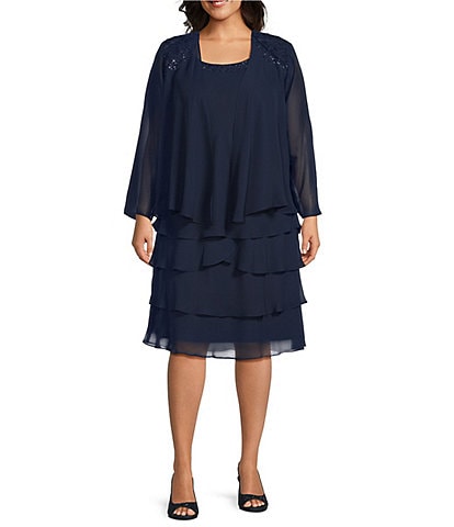 Ignite Evenings Plus Size Beaded Lace Shoulder Chiffon 2-Piece Jacket Dress