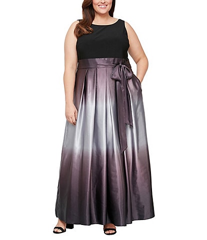 Ignite Evenings Plus Size Boat Neck Ombre Satin Bow Sleeveless Gown