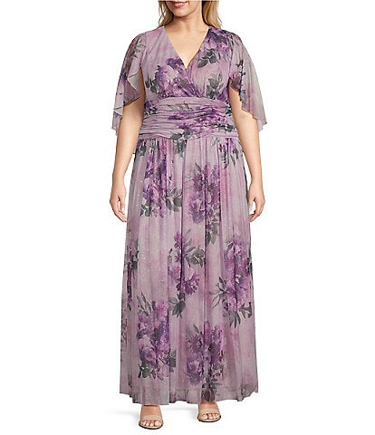 Ignite Evenings Plus Size Capelet Sleeve V-Neck Ruched Waist Floral Gown