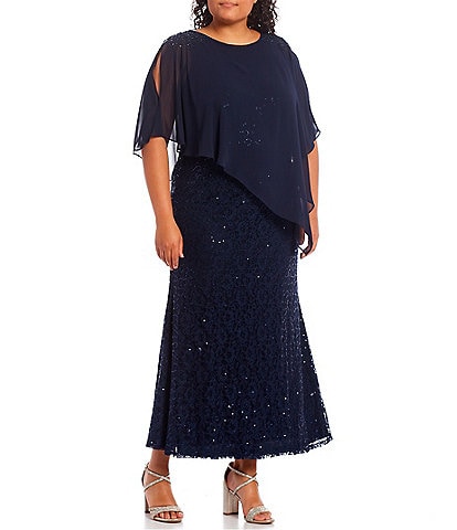 Ignite Evenings Plus Size Chiffon Asymmetrical Capelet Short Sleeve Round Neck Sequin Lace Sheath Gown
