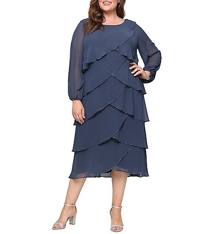 Ignite Evenings Plus Size Chiffon Boat Neck 3/4 Sleeve Beaded Trim Tiered Midi Dress