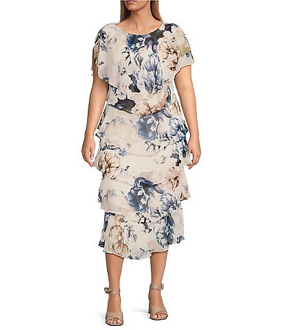 Ignite Evenings Plus Size Chiffon Embellished Shoulder Cap Sleeve Crew Neck Floral Tiered Midi Dress