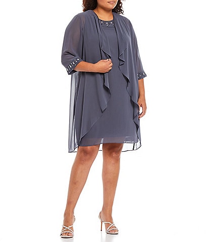 Ignite Evenings Plus Size Round Neck 3/4 Sleeve Embellished Chiffon 2-Piece Jacket Dress