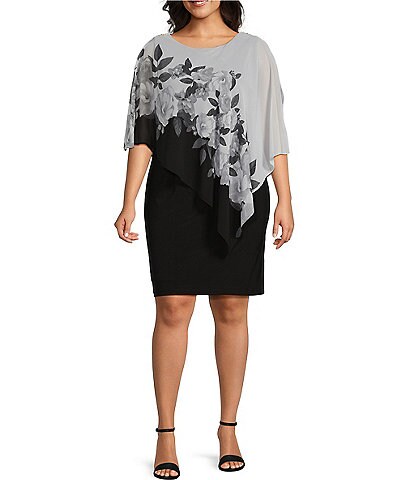 Ignite Evenings Plus Size Floral Print 3/4 Capelet Sleeve Popover Dress