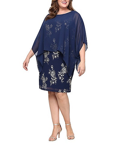 Ignite Evenings Plus Size Foil Print Boat Neck 3/4 Sleeve Chiffon Overlay Sheath Dress