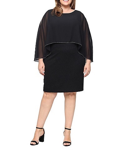 Ignite Evenings Plus Size Glitter Knit Chiffon Overlay Beaded Trim Sheath Dress
