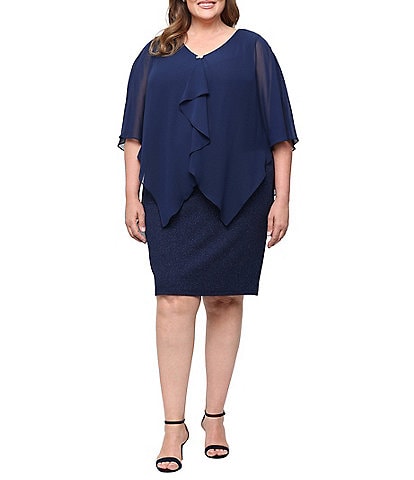 Ignite Evenings Plus Size Glitter Knit Embellished V Neck Chiffon Cascade Overlay Dress
