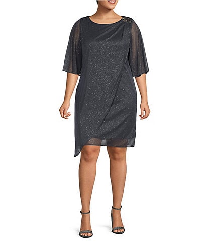 Ignite Evenings Plus Size Glitter Knit Popover Crew Neck Beaded Shoulder 3/4 Elbow Sleeve Dress