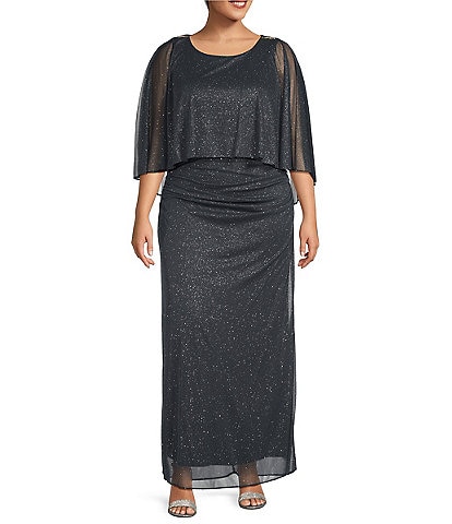 Ignite Evenings Plus Size Glitter Mesh Crew Neck Cold Shoulder Capelet Sheath Dress