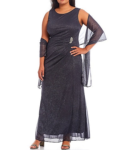 Ignite Evenings Plus Size Glitter Mesh Ruched Round Neck Sleeveless Shawl Gown