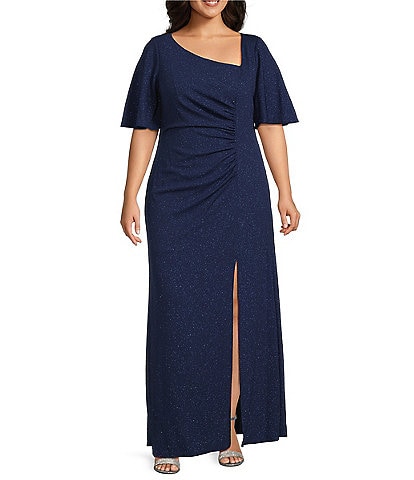 Ignite Evenings Plus Size Metallic Knit L-Neck Gown