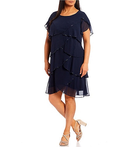 Ignite Evenings Plus Size Round Neck Short Flutter Sleeve Beaded Trim Tiered Dress