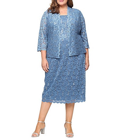 Ignite Evenings Plus Size Scalloped Sequin Lace Square Neck 3/4 Sleeve 2-Piece Jacket Dress