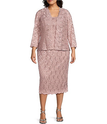 Ignite Evenings Plus Size Scalloped Sequin Lace Square Neck 3/4 Sleeve 2-Piece Jacket Dress