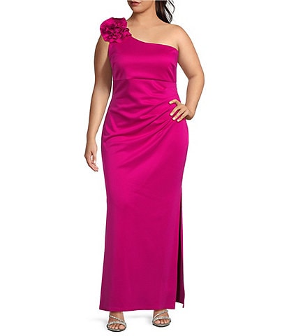 Ignite Evenings Plus Size Scuba One Shoulder Flower Detail Sleeveless Ruched Waist Gown