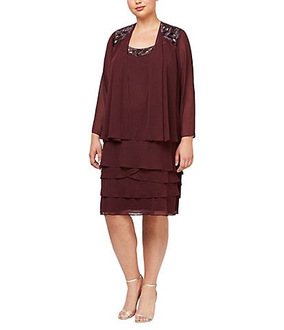 Ignite Evenings Plus Size Scoop Neck Long Sleeve Sequin Trim Tiered 2-Piece Jacket Dress