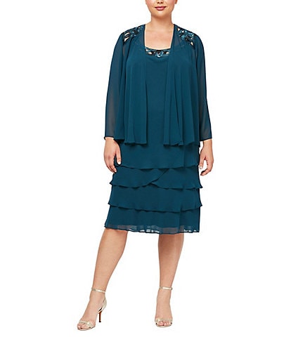 Ignite Evenings Plus Size Scoop Neck Long Sleeve Sequin Trim Tiered 2-Piece Jacket Dress
