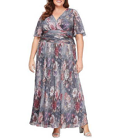 Ignite Evenings Plus Size Short Flutter Sleeve V-Neck Ruched Waist Gown
