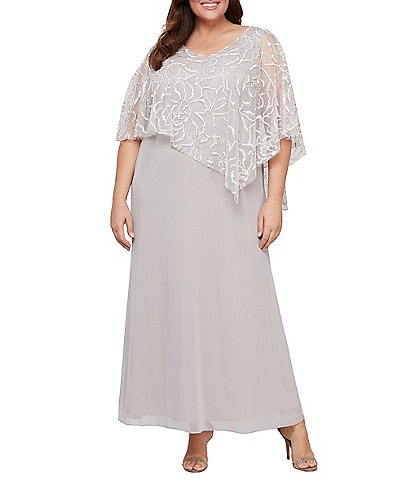 Ignite Evenings Plus Size Short Sleeve Asymmetrical Glitter Mesh Capelet V-Neck Jersey Gown