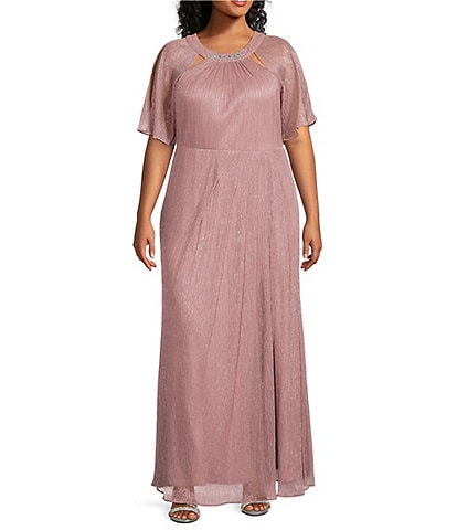 Ignite Evenings Plus Size Short Sleeve Embellished Cut-Out Crew Neck Front Slit Gown
