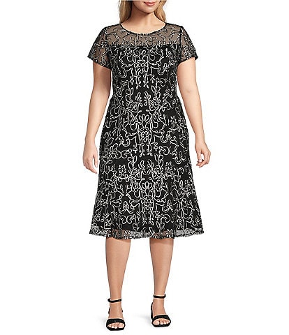 Ignite Evenings Plus Size Crew Neck Short Sleeve Embroidered Soutache Lace Illusion Midi Dress