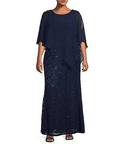 Ignite Evenings Plus Size Short Sleeve Round Neck Beaded Sequin Floral Lace Caplet Gown