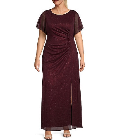 Ignite Evenings Plus Size Short Sleeve Round Neck Front Slit Glitter Jersey Dress